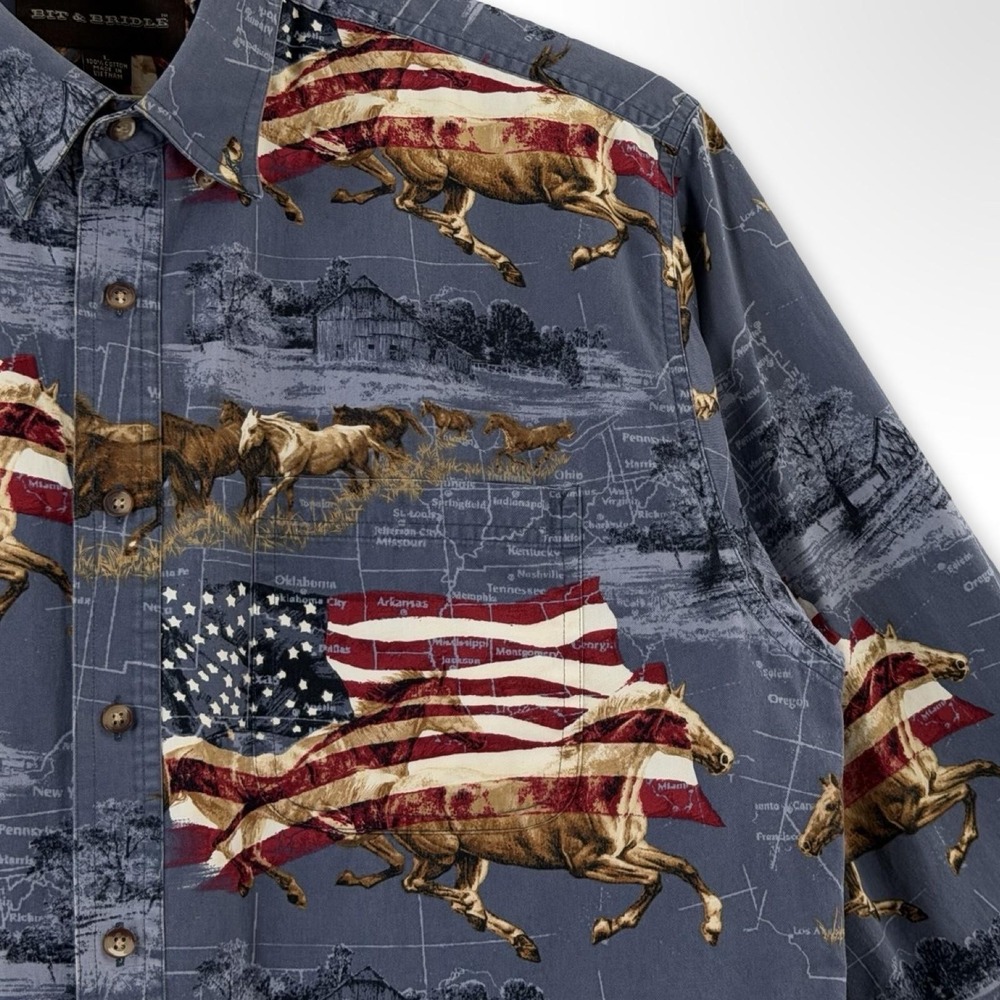 Bit & Bridle Mens L Patriotic Horse American Flag Western Button Up Shirt - Picture 2 of 6